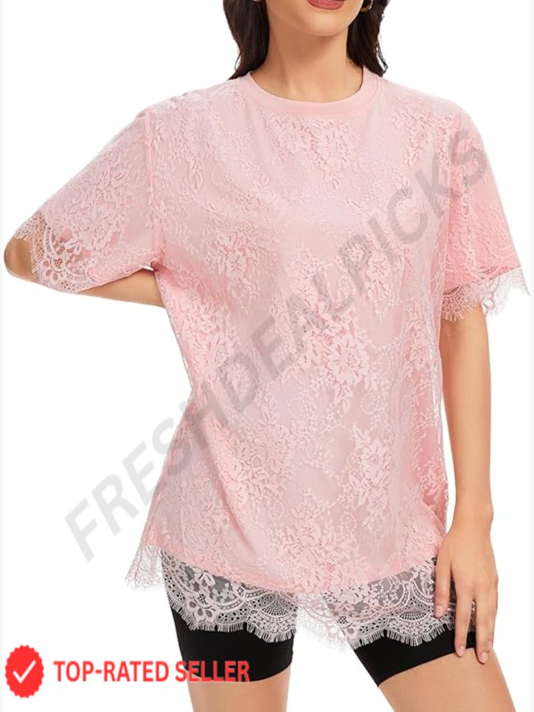 Scalloped Hem Lace Tunic Top Relaxed Straight Fit Modest Lined Blouse